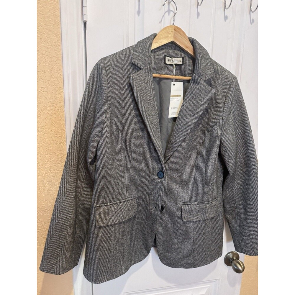 ELLEVEN Womens Wool Blend Tweed Warm Blazers Herringbone Business Casual SZ L